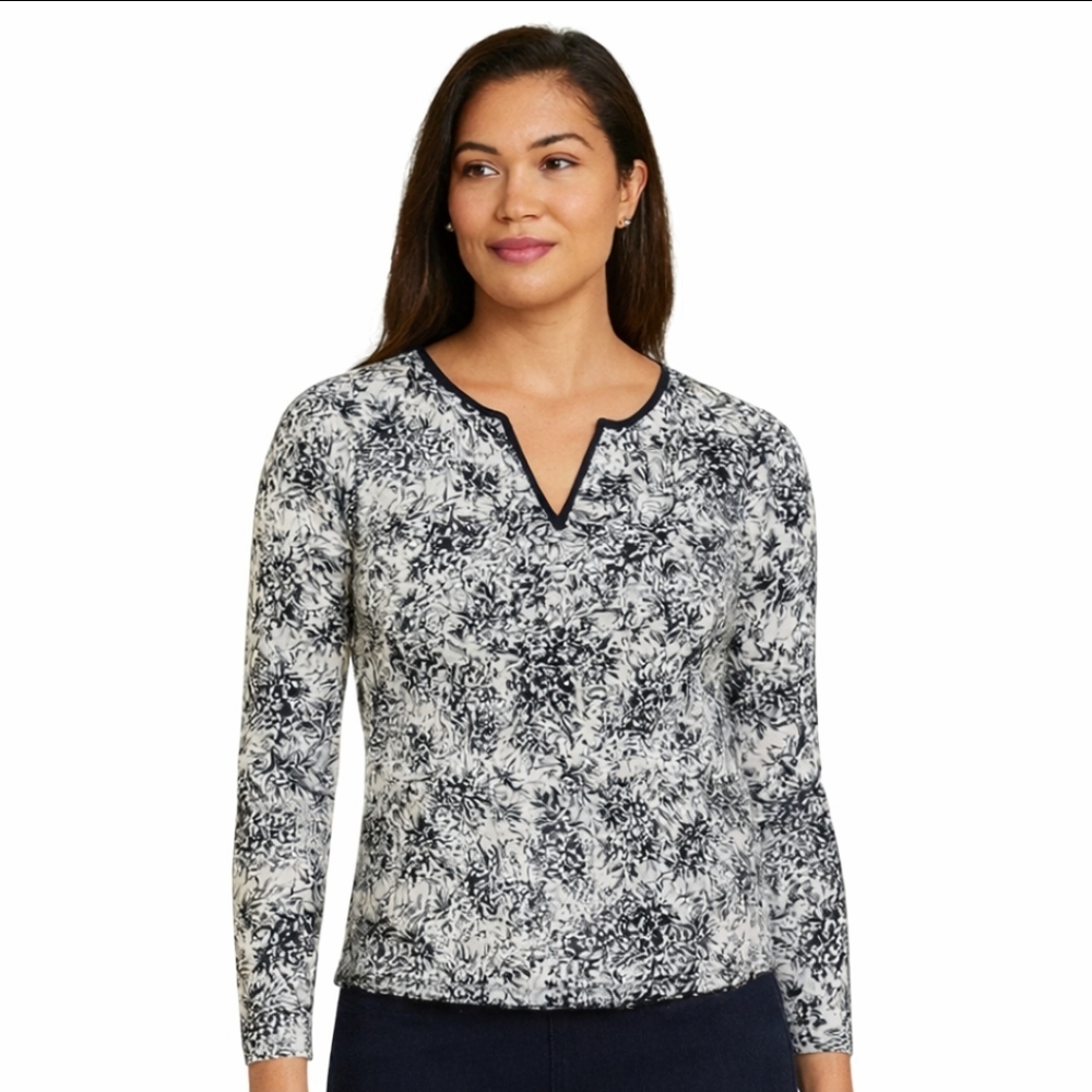 Jones Wear Sport Black and White Floral V-Neck Womens top Sz XL